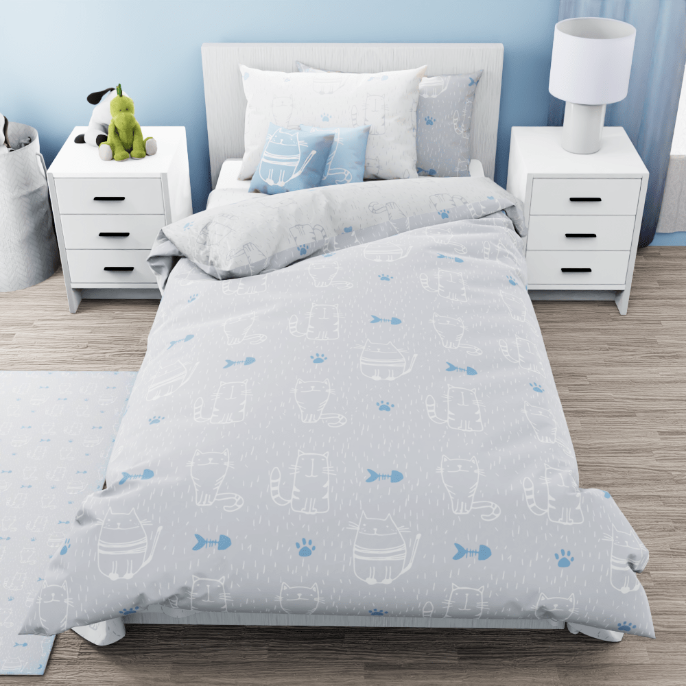 Cat Pattern Grey Reversible Duvet Bed Set - Kidz Bedding