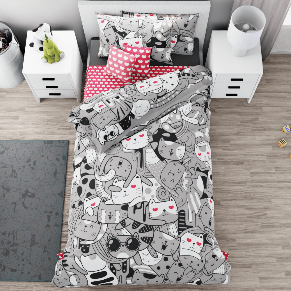 Cats and Hearts Reversible Duvet Bed Set - Kidz Bedding