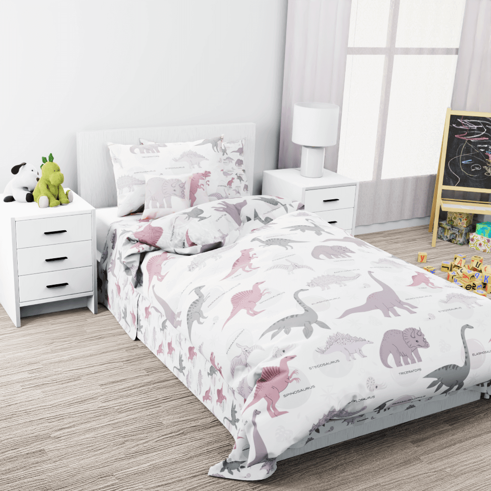 Pink Dinosaur Pattern Reversible Duvet Bed Set - Kidz Bedding