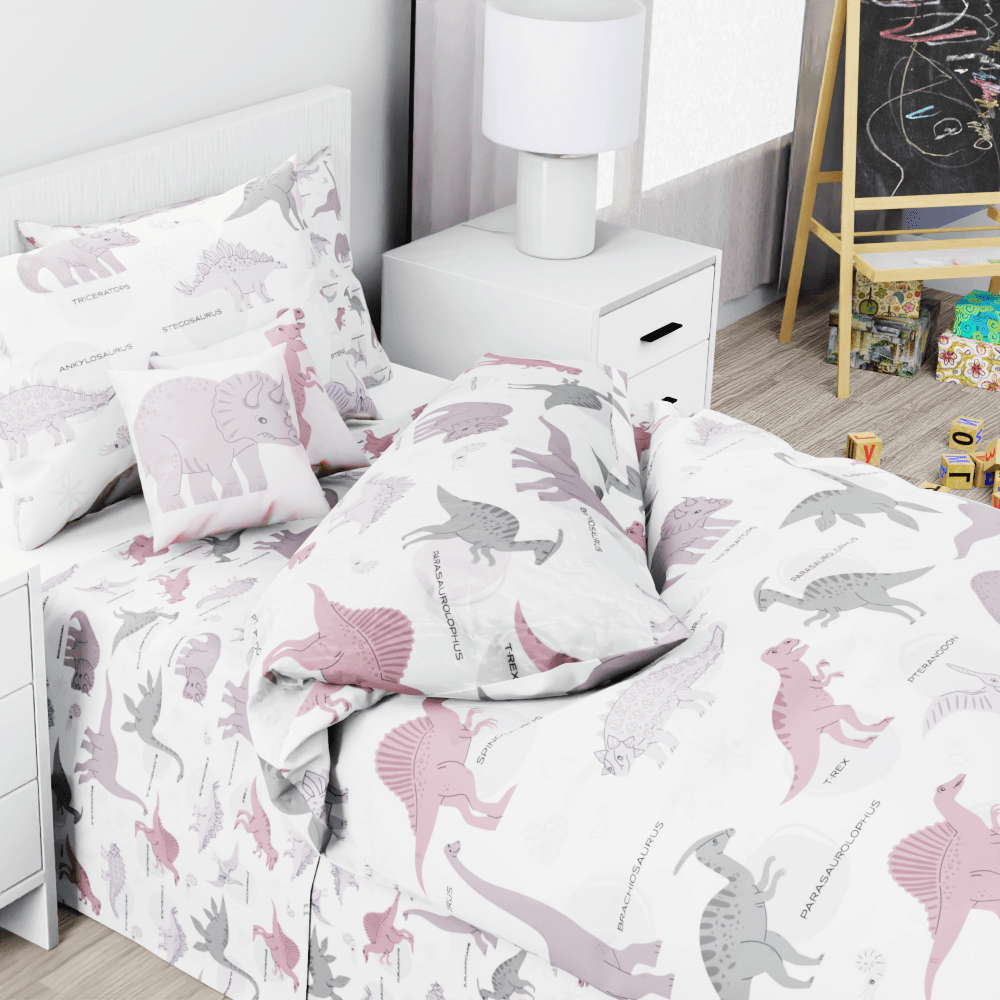 Pink Dinosaur Pattern Reversible Duvet Bed Set - Kidz Bedding