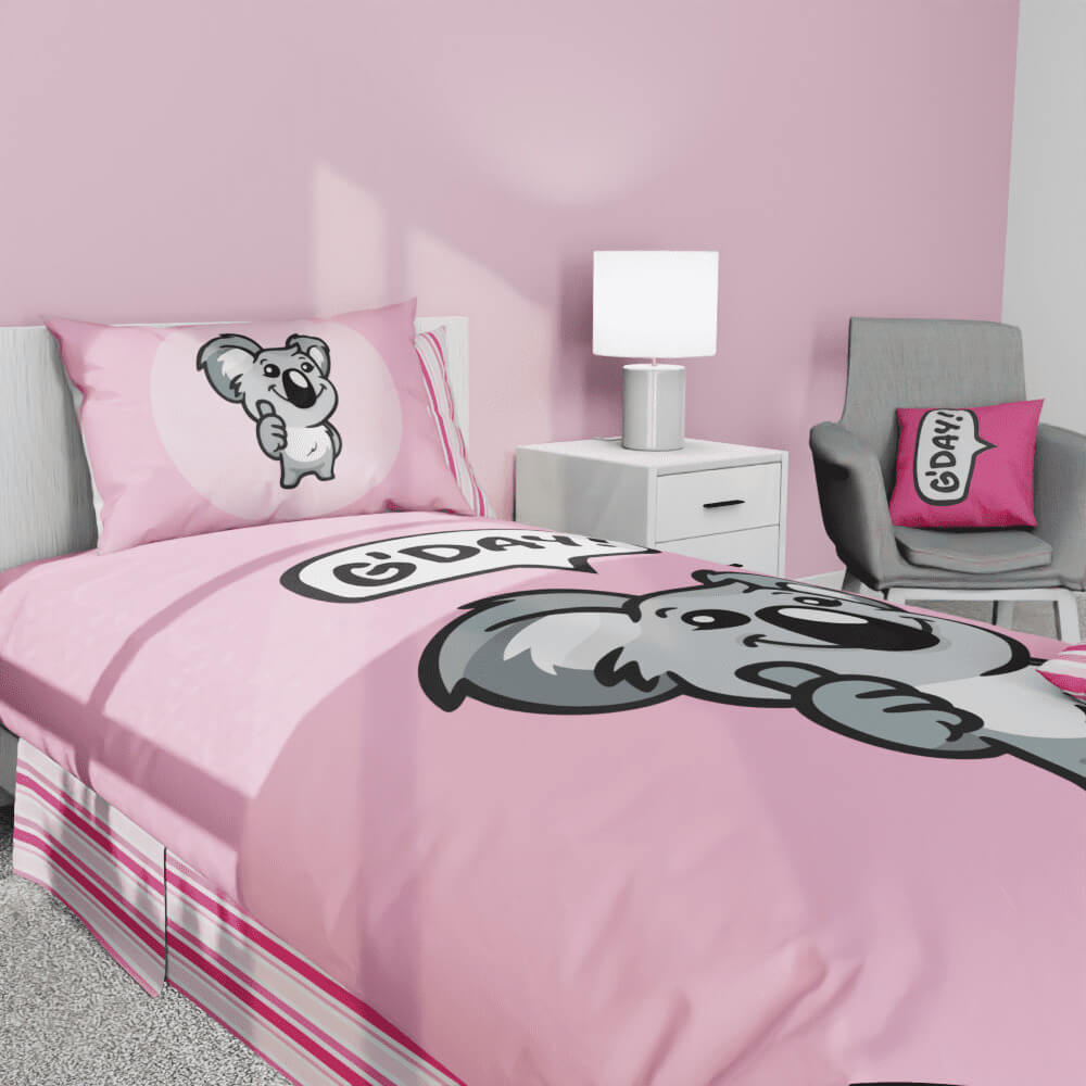 G'Day Koala Pink Striped Reversible Duvet Bed Set - Kidz Bedding