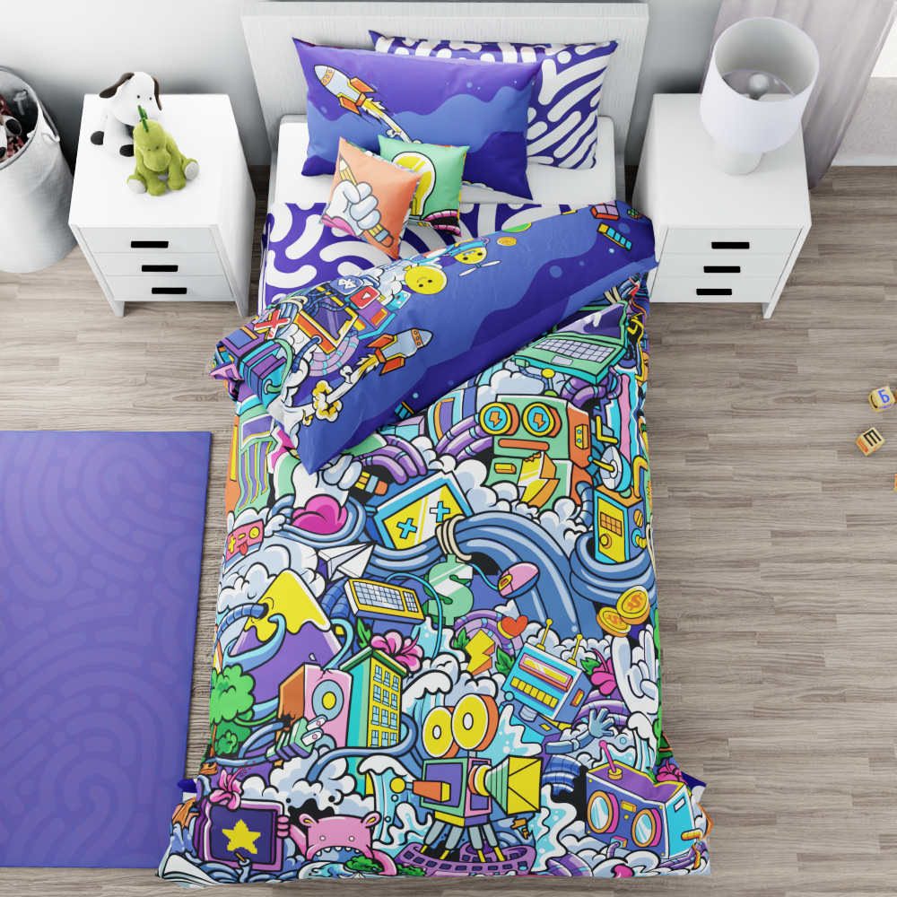 Robots Graffiti Reversible Duvet Bed Set - Kidz Bedding